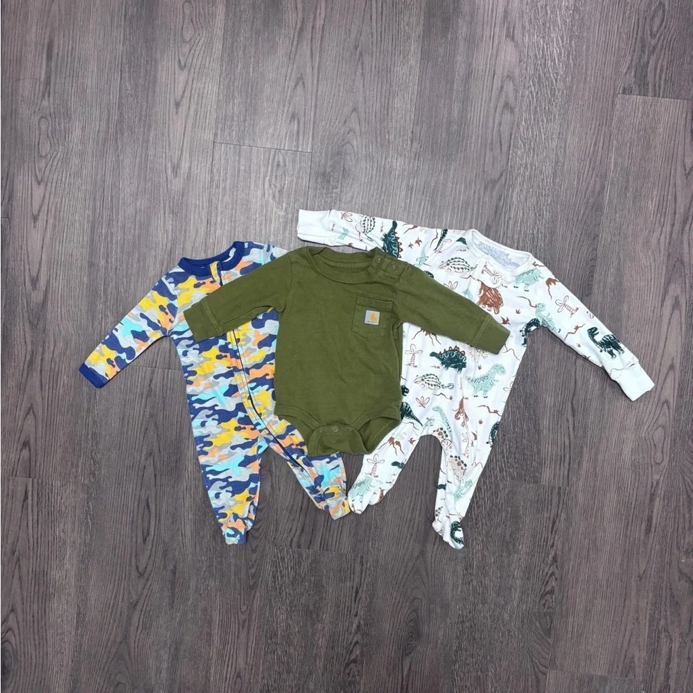 Set of three: (LtoR) 0-3mo Emporio Baby, 3mo Carhartt & 3mo Member’s Mark Onsies